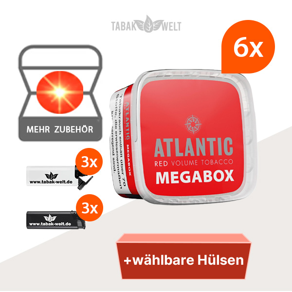 6x Atlantic Volumentabak Red Mega Box mit King Size Filterhülsen